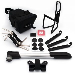 Bicycle-Starter-Kit-Mini-Pump-Puncture-Repair-Kit-Tire-Removal-Levers-Multi-tool-Bottle-Cage-Bracket-Mini-Saddle-Post-Secure-Waterproof-Bag-Sale-at-Cycle Mend